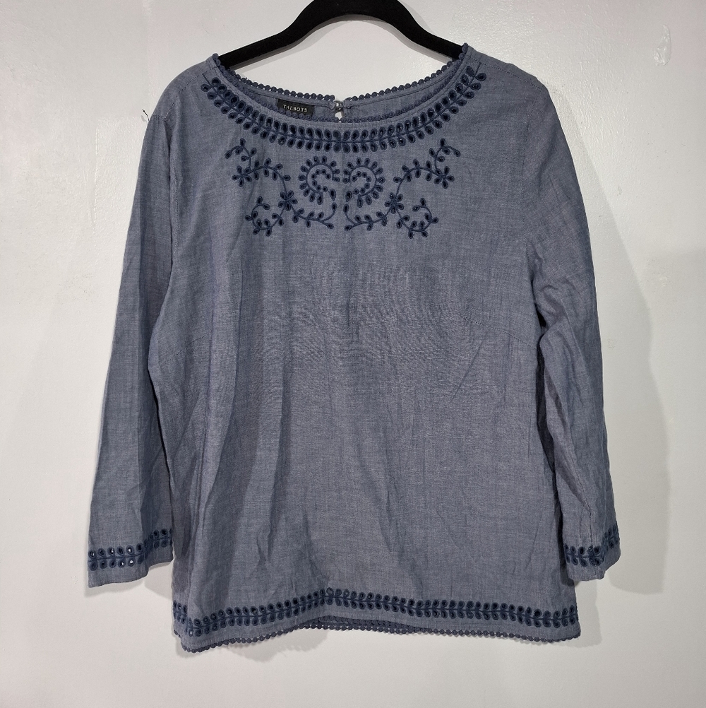 Talbots Womens Blouse L Blue Eyelet Embroidered 3/4 Sleeve Back keyhole Boho